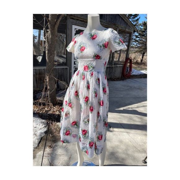 Vtg | 50s Fit & Flare Dress Floral Embroidery Party Day Dress Tea Dress Roses - Picture 9 of 16
